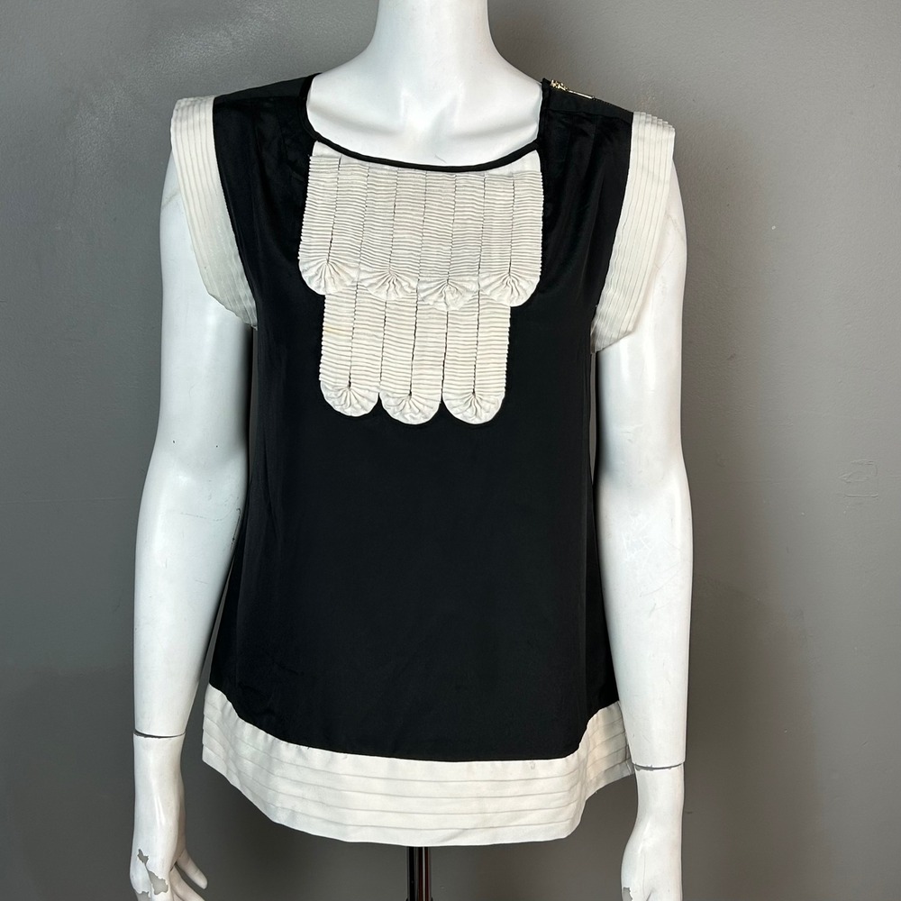 3.1 Phillip Lim Top Blouse Size 6 Black White Silk Pleated Bib Tuxedo Office
